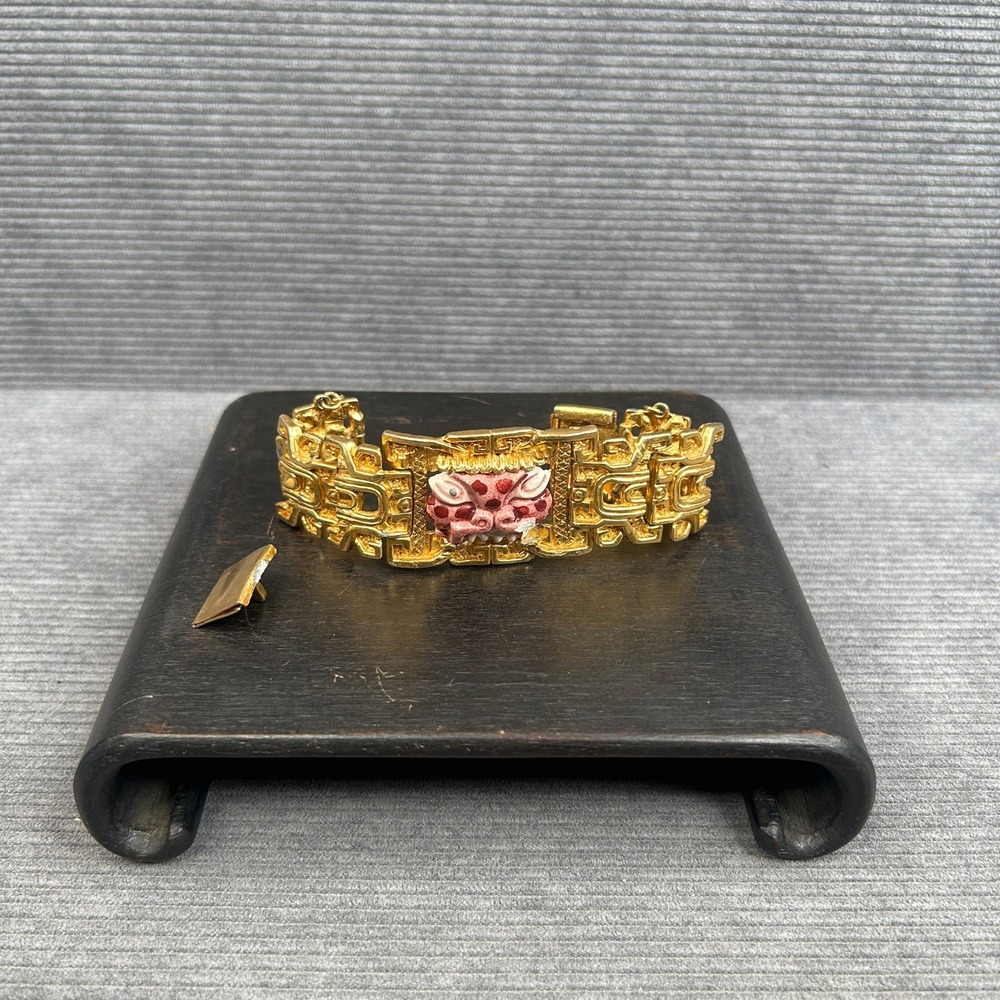 Vintage Salvador Teran Mexico Gold Plated Mayan Mask Link Bracelet Vintage